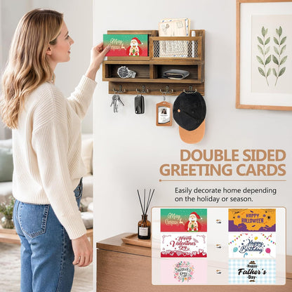 Key Holder Wall Mount, Wooden Mail and Key Organizer with Chalkboard and Mirror, 3 Greeting Cards, 8 Hooks, Brown