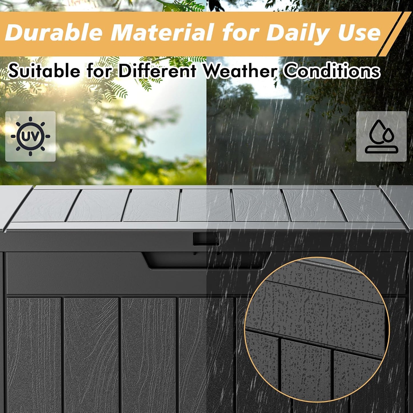 Fancyango 75 Gallon Outdoor Deck Box Waterproof, Large Storage Box for Patio, Resin Storage Bench Lockable for Garden Tools, Package Delivery, Black