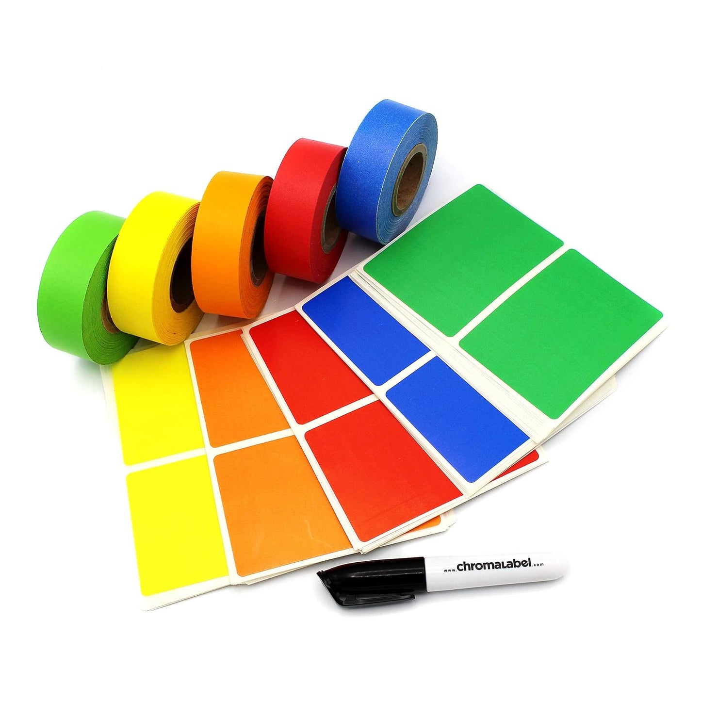 ChromaLabel Moving Labels Kit Color Code Tape & Label Pack, 150 Labels, 5 Rolls of Clean-Remove Tape, Permanent Marker