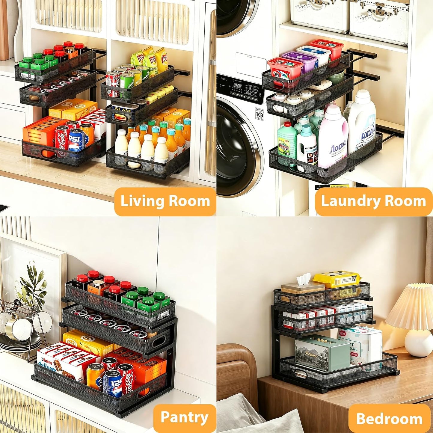 2 Pack Under Sink Organizer, 3-Tier Pull Out Kitchen Cabinet Organizer with 5 Adjustable Heights Metal Slide Out Bathroom Storage Makeup Drawer Rack for Bedroom Office Pantry Home Organization, White