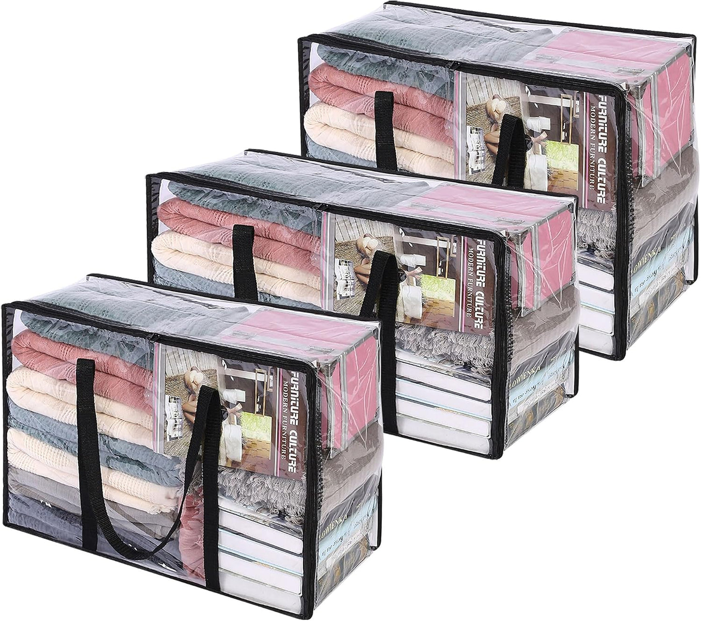 Vieshful 3 Pack Clear Clothes Storage Bag, 40L Plastic Blanket Storage Bag with Zipper, Foldable Closet Organizer, Moving bags for Comforter, Blanket, Bedding, Duvet, Toys