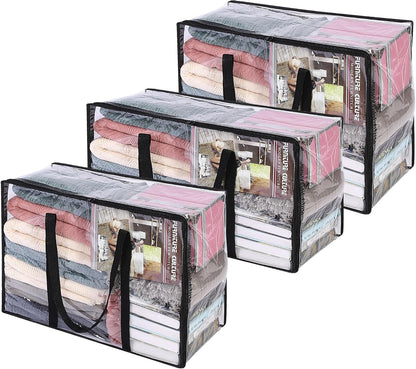 Vieshful 3 Pack Clear Clothes Storage Bag, 40L Plastic Blanket Storage Bag with Zipper, Foldable Closet Organizer, Moving bags for Comforter, Blanket, Bedding, Duvet, Toys