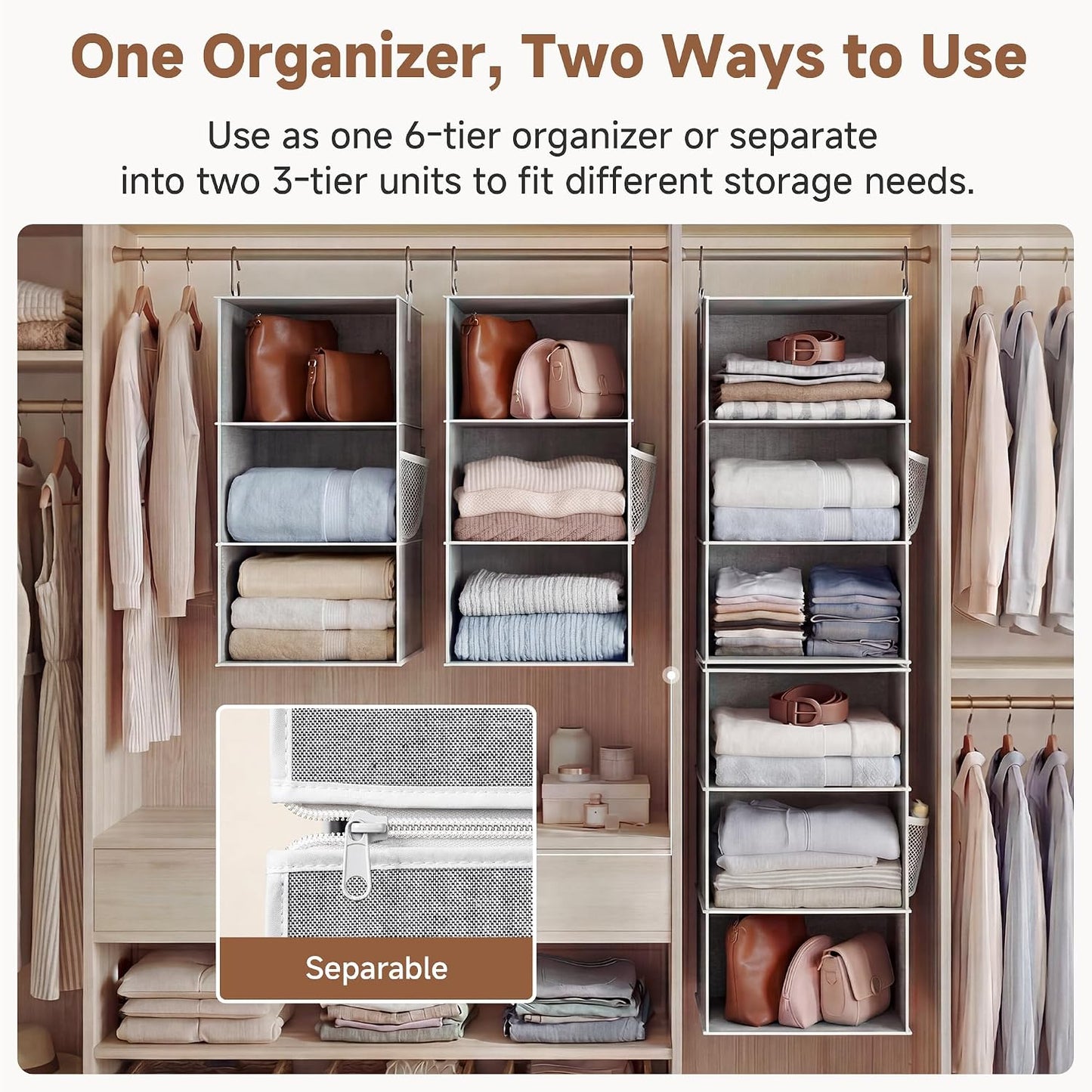 StorageWorks 6-Shelf Closet Organizers, Two 3-Shelf Separable Hanging Shelves for Closet, 12 1⁄2" D x 12 1⁄2" W x 47 ¼" H, Mixing of Beige, White & Ivory