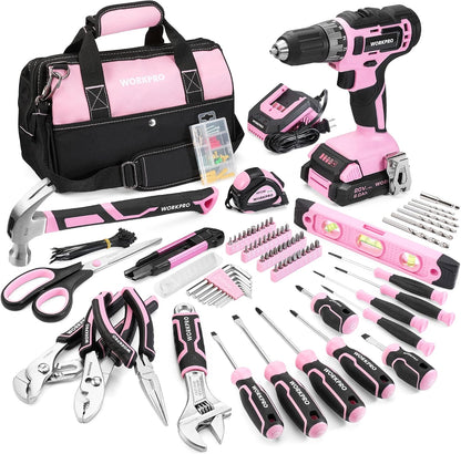 WORKPRO Home Tool Set with 20V Cordless Lithium-Ion Drill Driver, Household Repairing Tool Kit with Drill, 157PCS Power Drill Sets, 14-Inch Wide Mouth Storage Tool Bag, Green
