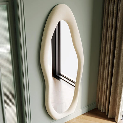 Honyee Full Length Mirror, 63" x 24" Wall Mirror, Flannel Wrapped Wooden Frame Floor Mirror, Irregular Wavy Mirror Hanging or Leaning Against Wall for Cloakroom/Bedroom/Living Room, Milk Tea