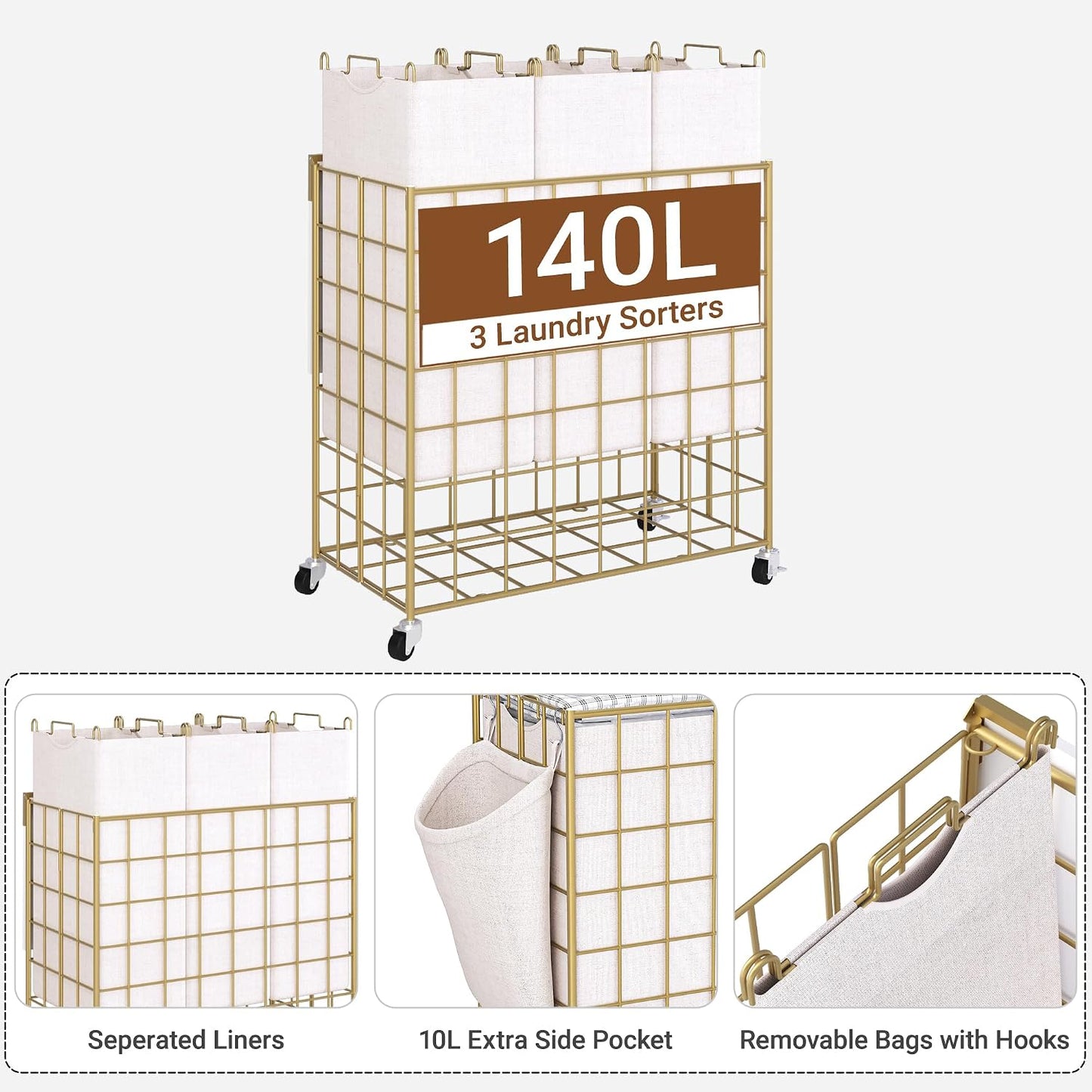 Laundry Basket with Wheels, Heavy Duty Laundry Sorter 2 Sections, 120L (32Gal.) Large Capacity Laundry Hamper with Wood Lid, 360 Rolling Wheels, Extra Side Pocket, Leather Pull Handle, Beige