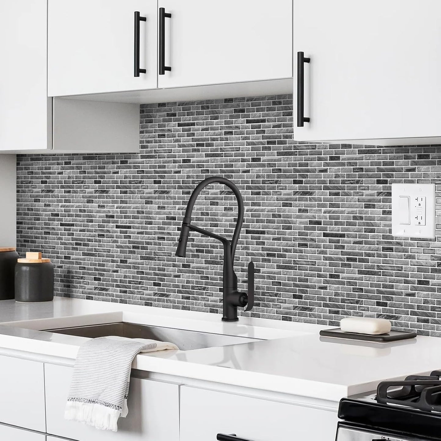 URCOLOR 10-Sheet Peel and Stick Backsplash Tile for Kitchen - 12”×12” Stick on Wall Tile for Bathroom, Black White Grey
