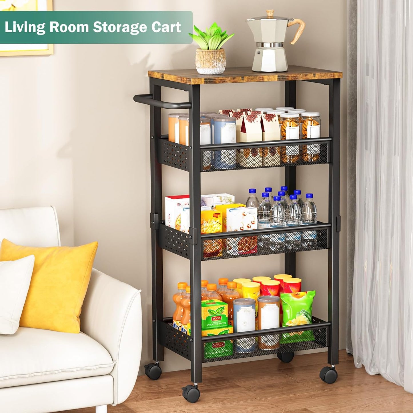 Vivihomety Utility Slim Storage Cart with Wheels, 4 Tier Small Rolling Cart with Wood Top, Metal Kitchen Bathroom Laundry Room Organization Trolley with Handle for Narrow Space – Black