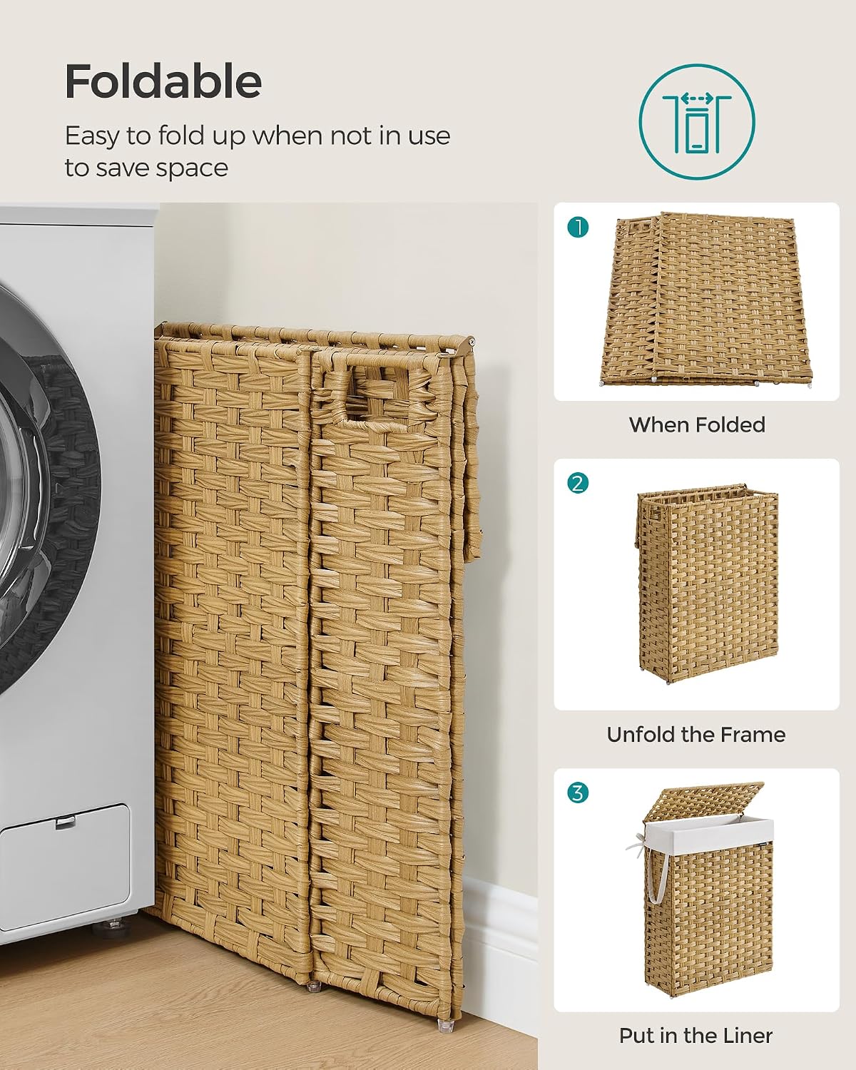 SONGMICS Laundry Hamper with Lid, 23.8 Gallon (90 L) Synthetic Rattan Clothes Laundry Basket with Lid and Handles, Foldable, Removable Liner, Chestnut Brown ULCB051K02