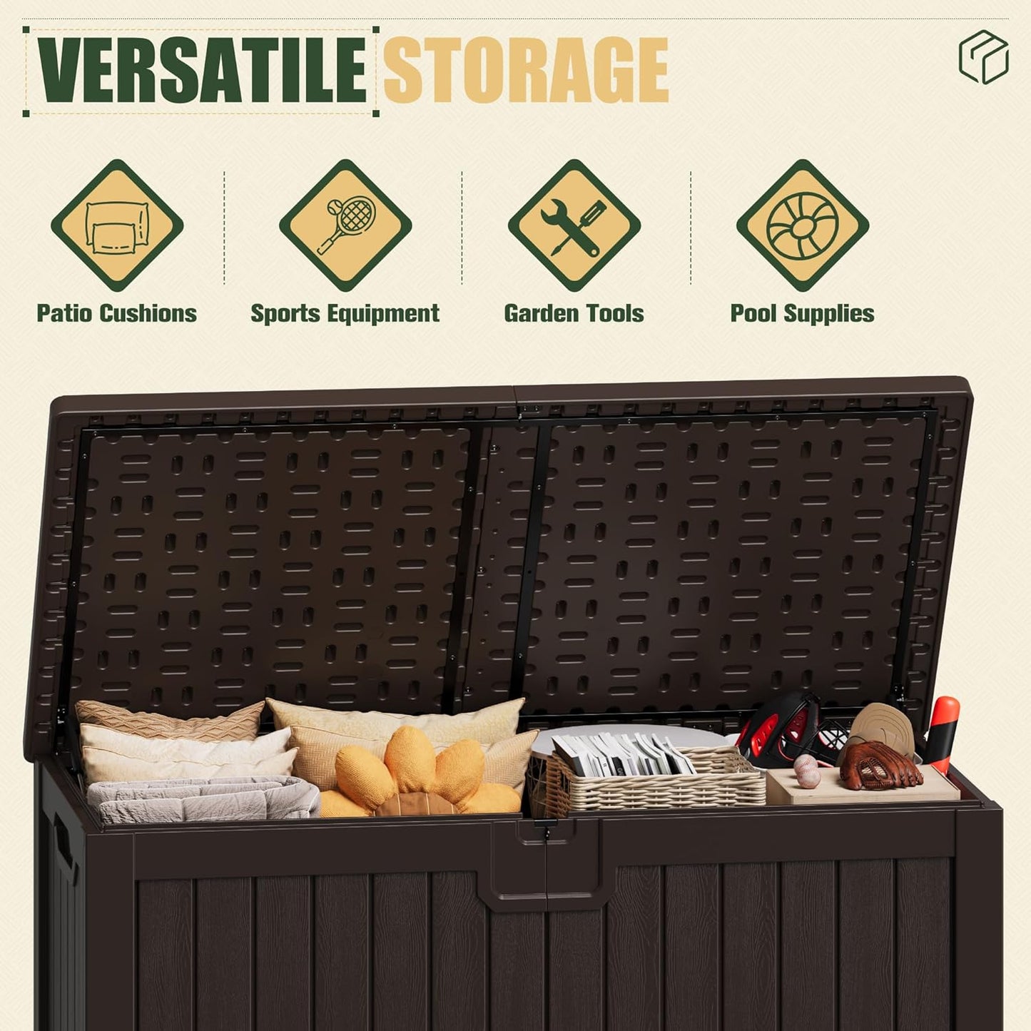 JUMMICO 31 Gallon Resin Deck Box Waterproof Indoor Outdoor Storage Boxes for Patio Furniture Cushions and Garden Tools (Brown)