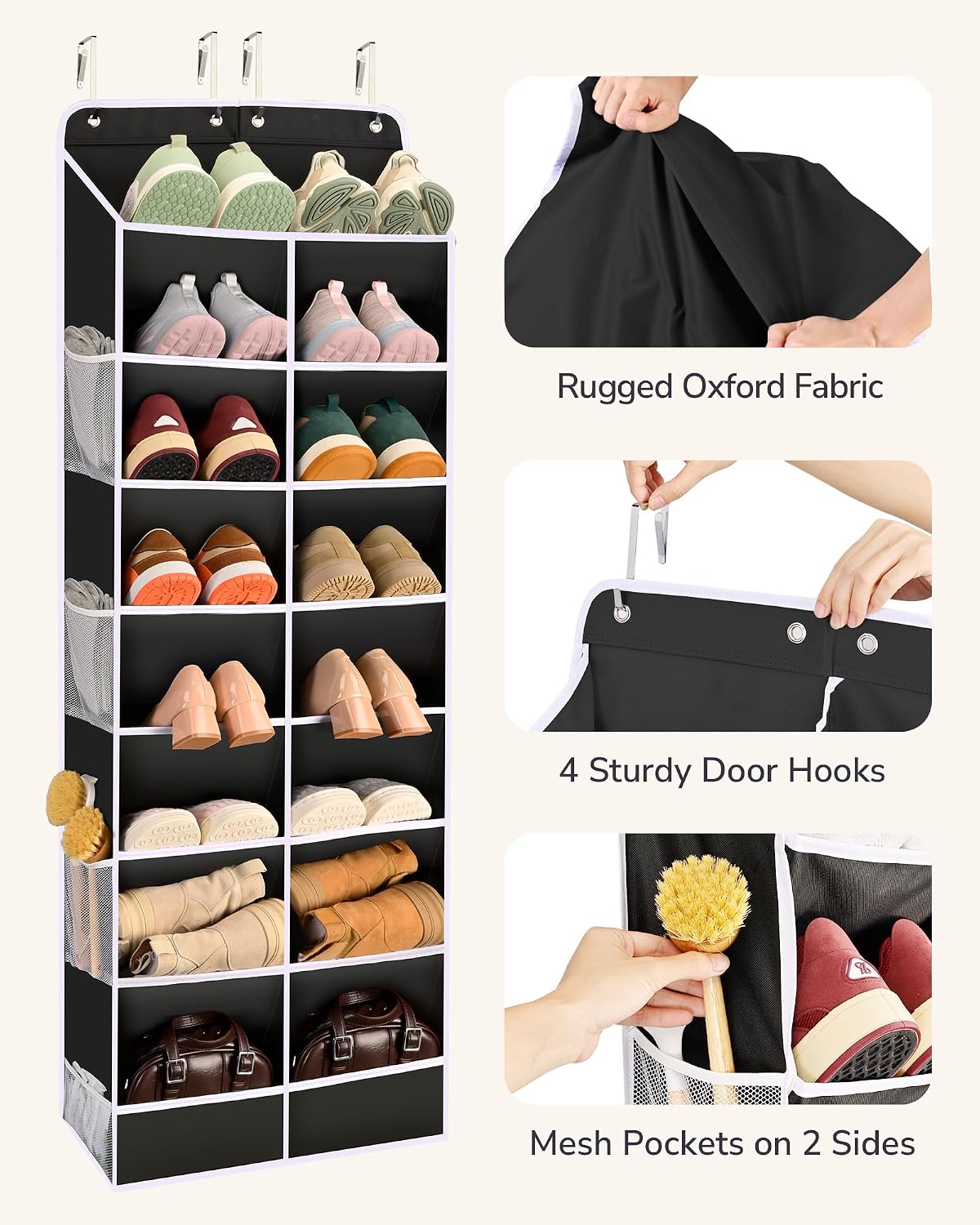 ULG Over The Door Shoe Organizer for Closet Fit 24-32 Pairs with Large Deep Pockets, Narrow Shoe Rack for Door Hanging Boots Storage, Black
