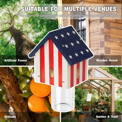Carpenter Bee Trap for Outside - Best Bee Trap - Flag Cabin Style Nature Hanging Wood Carpenter Bee Traps Outdoor - Insect Traps with Removable Vault