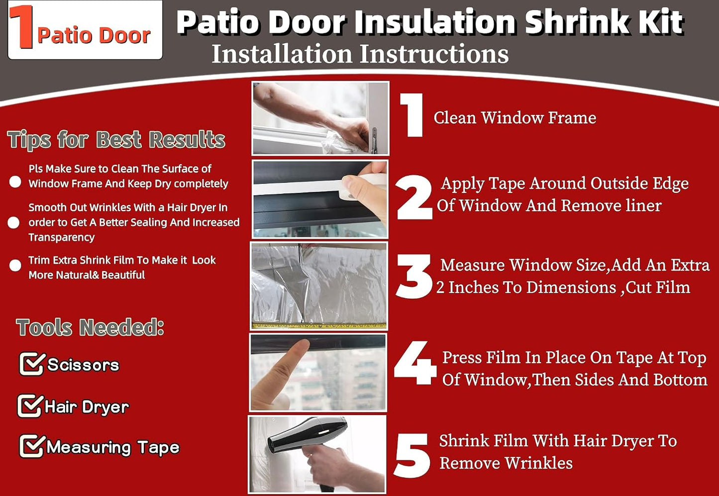 Large Patio Door Shrink Film Window Insulation Kit 84-Inch By 112-Inch，Clear, Keeps Cold Air Out and Warm Air in (1 Pack)