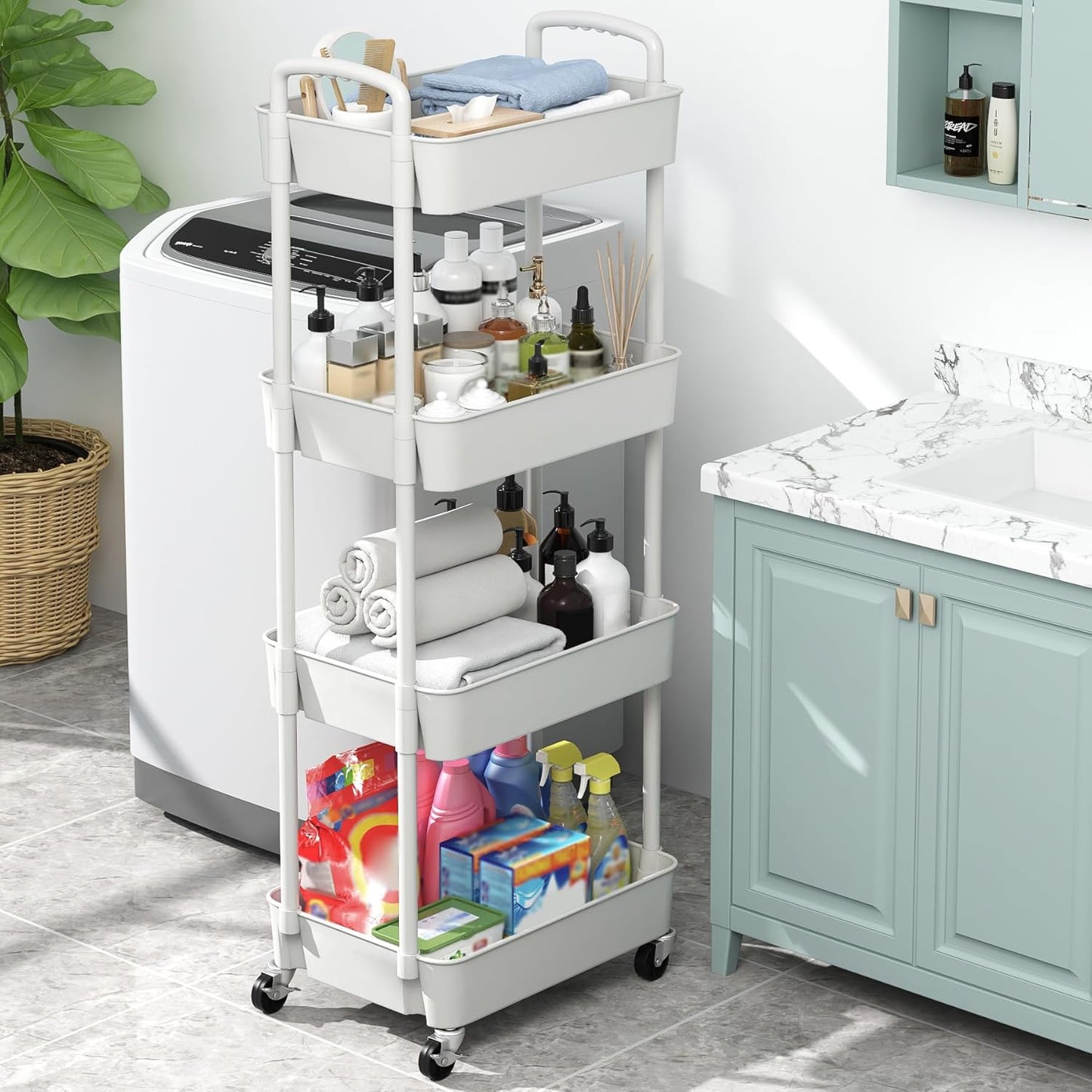 Sywhitta 4-Tier Plastic Rolling Utility Cart with Handle, Multi-Functional Storage Trolley for Office, Living Room, Kitchen, Movable Storage Organizer with Wheels, Black