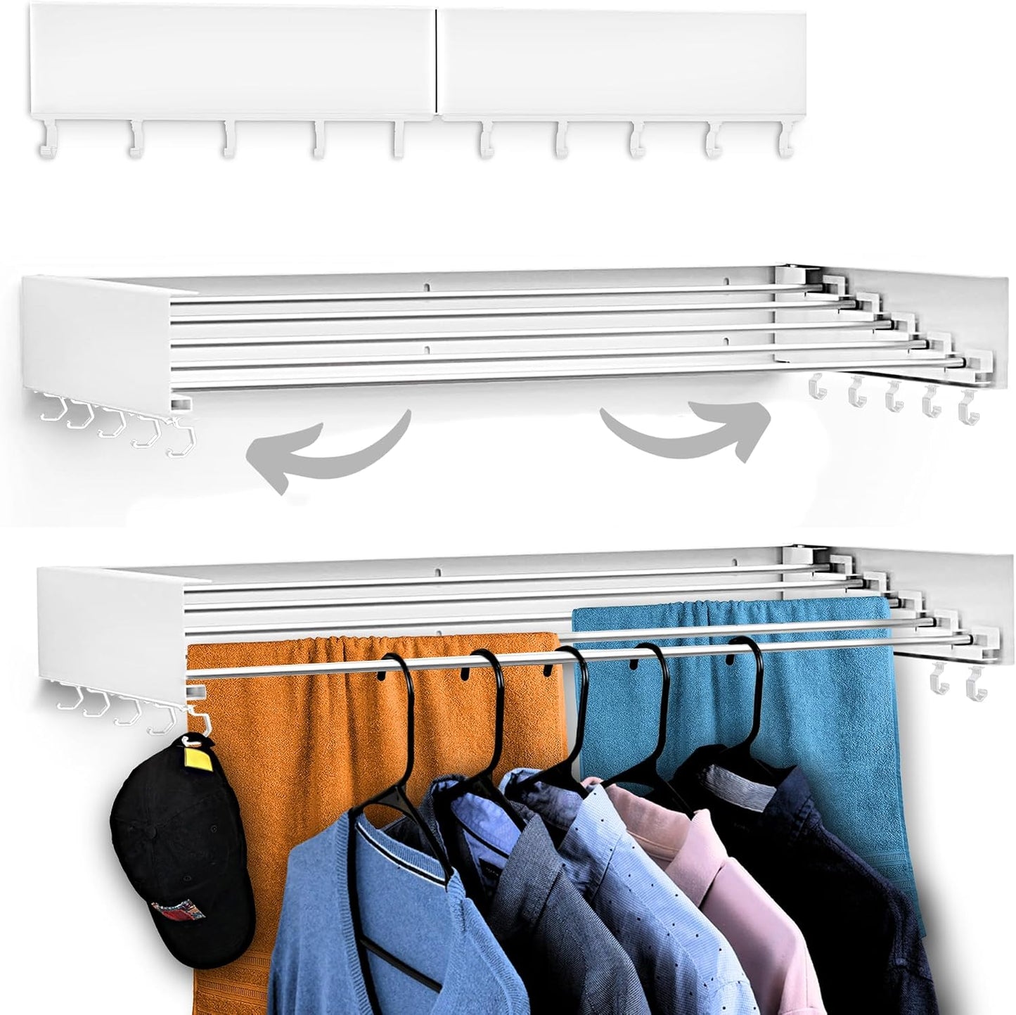 Foldable Wall Mounted Drying Rack - 31.5” Wide, 13.2 Ft Drying Space, 5 Aluminum Rods, Supports Up to 60 lbs - Retractable & Foldable Space-Saving Wall Mounted Clothes Drying Rack (Black)