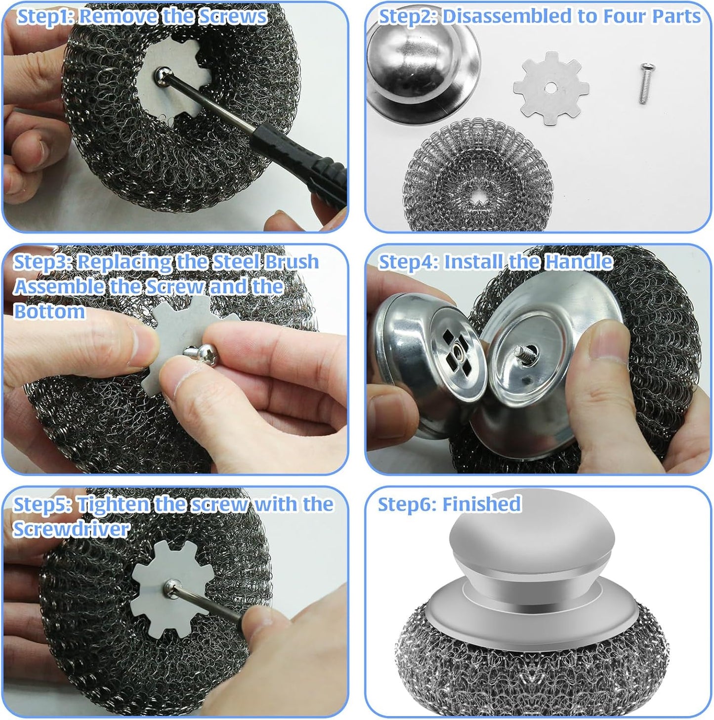 Stainless Steel Wool Scrubber with 2 Replacement Pads - Clean Metal Pans, Pots, Grills & More