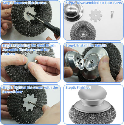 Stainless Steel Wool Scrubber with 2 Replacement Pads - Clean Metal Pans, Pots, Grills & More