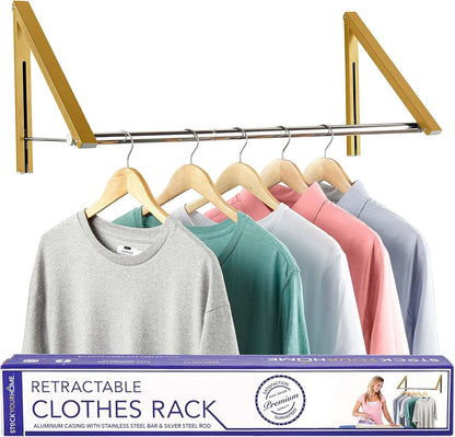 Double Foldable Clothing Rack w/ Extension Rod, Wall-Mounted Retractable Clothes Hanger for Laundry Dryer Room, Hanging Drying Rod, Small Collapsible Folding Garment Racks, Dorm Accessories (Black)
