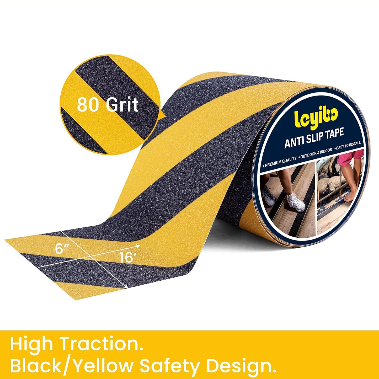 Anti Slip Tape, 4 Inch x 42 Ft Grip Tape for Stairs Outdoor/Indoor, Waterproof Non Skid Roll for Stair Treads Non Slip, High Traction Friction Abrasive Adhesive Stair Steps, Caution Yellow/Black