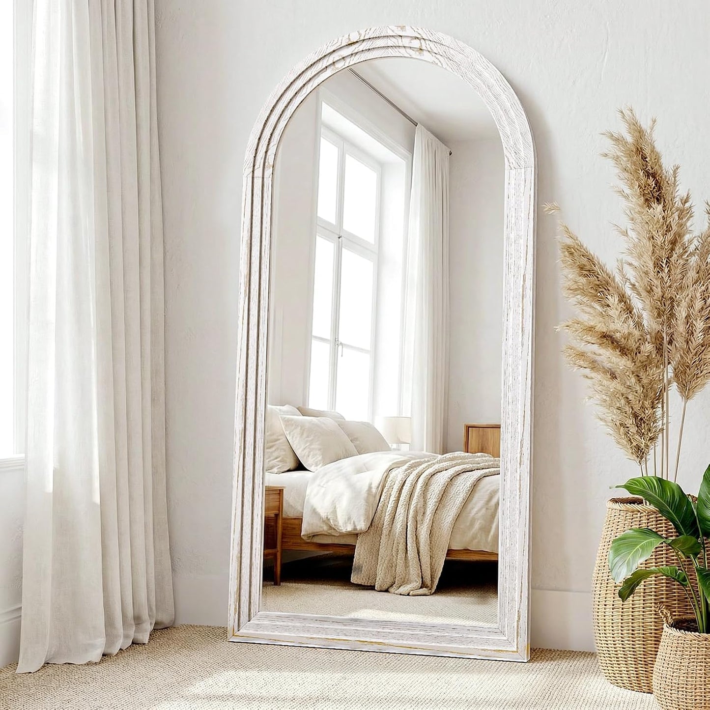 30"x71" Full Length Mirror Solid Wood Frame, Arched Floor Mirror Full Length with Stand, Room Decor Big Full Body Mirror with HD Tempered Glass for Bedroom, Living Room, Walnut Wood