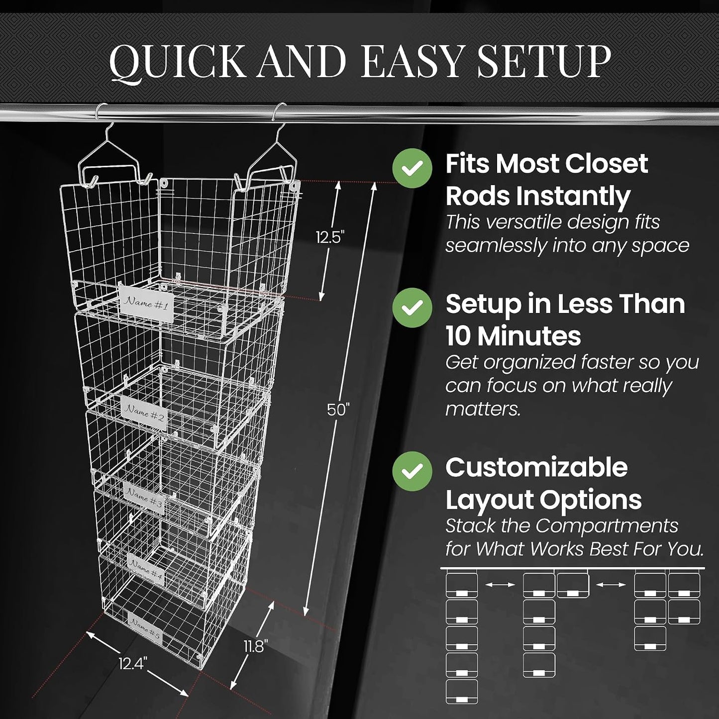 DECOLURE 5-Tier Adjustable Hanging Closet Organizer – Maximize Hanging Storage w/ 4 Hanging Hooks, 8 S Hooks & 5 Name Plates - Sturdy Foldable Wire Storage Hanging Shelves for Clothes, Towels (White)