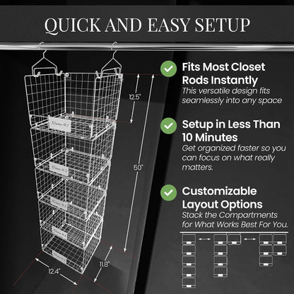 DECOLURE 5-Tier Adjustable Hanging Closet Organizer – Maximize Hanging Storage w/ 4 Hanging Hooks, 8 S Hooks & 5 Name Plates - Sturdy Foldable Wire Storage Hanging Shelves for Clothes, Towels (White)