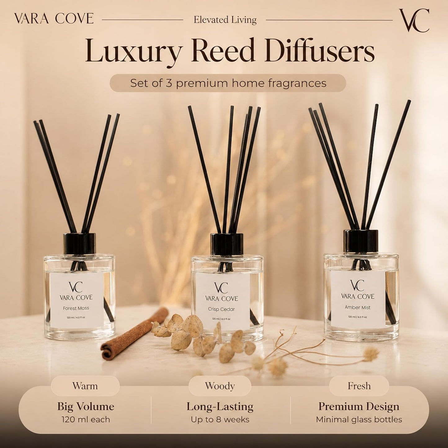 Reed Diffuser Set 3 Pack Premium Reed Diffusers Amber, Cedar & Moss Scents Long Lasting Home Fragrance Gift Set for Bathroom, Office & Home