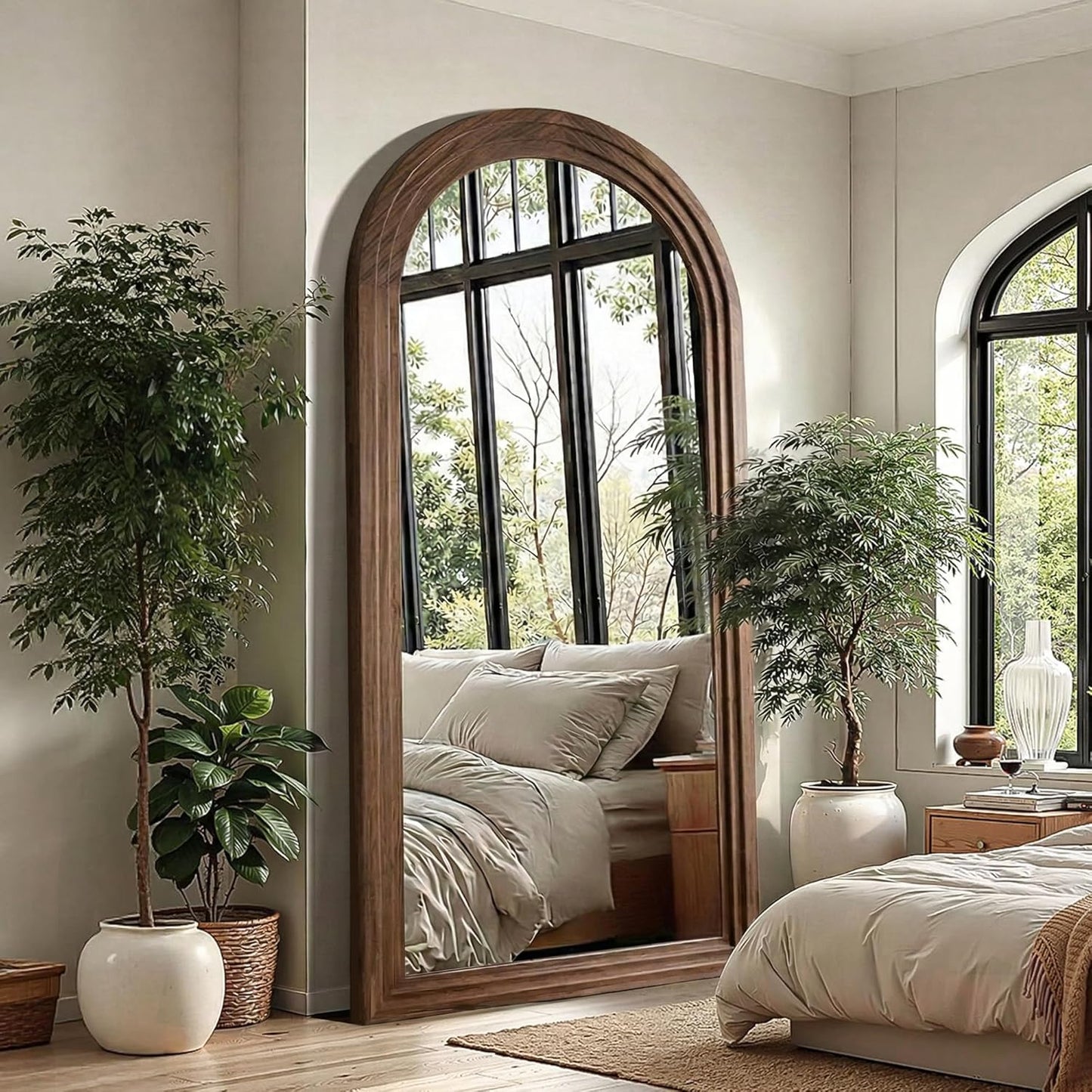 Delma Arched Full Length Floor Mirror with Stand, 75x35 Rustic Farmhouse Solid Wood Frame Wall Mirror for Bedroom, Living Room, Vertical Hanging & Standing(Brown)