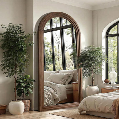 Delma Arched Full Length Floor Mirror with Stand, 75x35 Rustic Farmhouse Solid Wood Frame Wall Mirror for Bedroom, Living Room, Vertical Hanging & Standing(Brown)