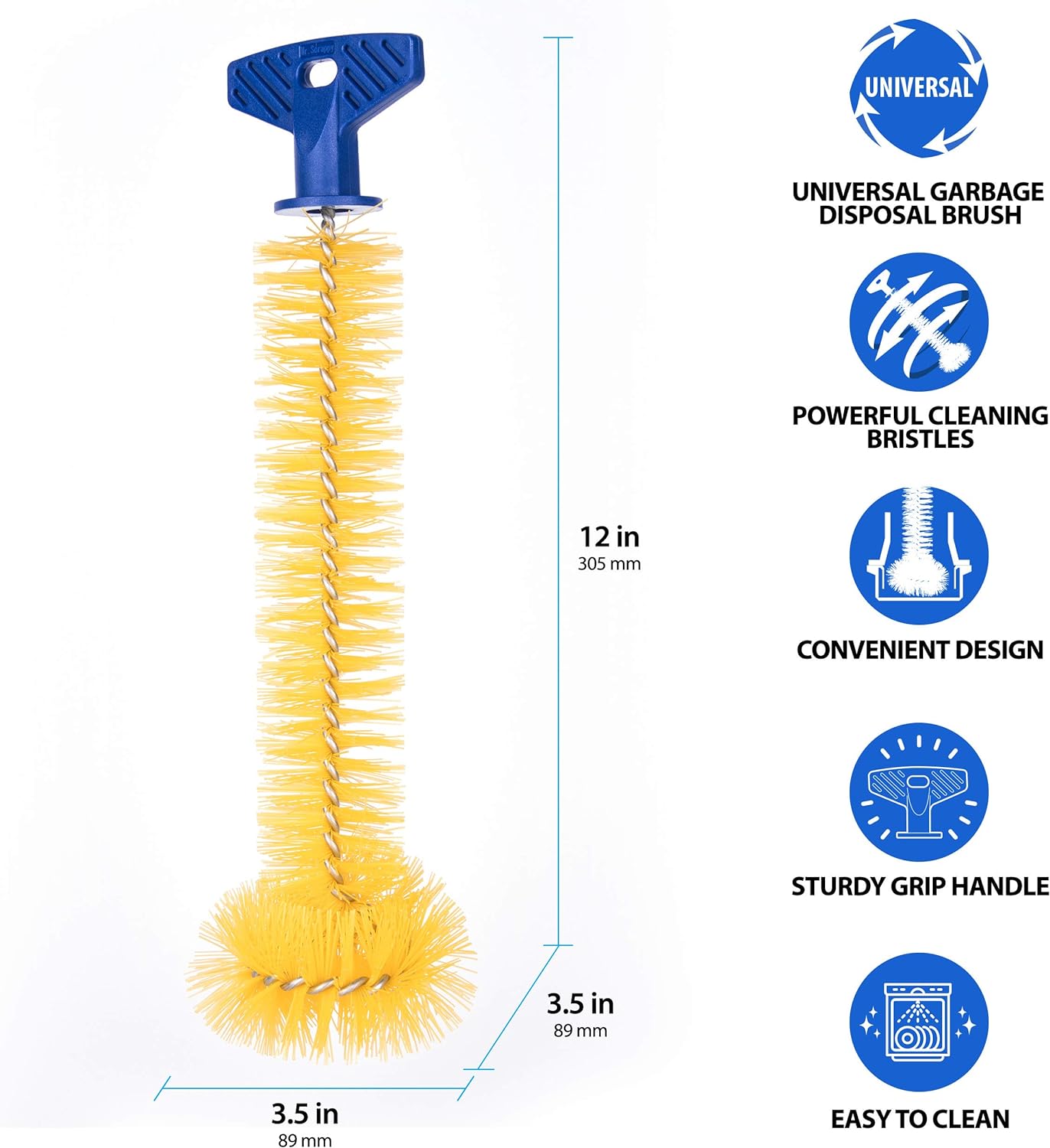 Mr. Scrappy Universal Garbage Disposal Brush, Sturdy Grip Handle, 11-Inches,Yellow