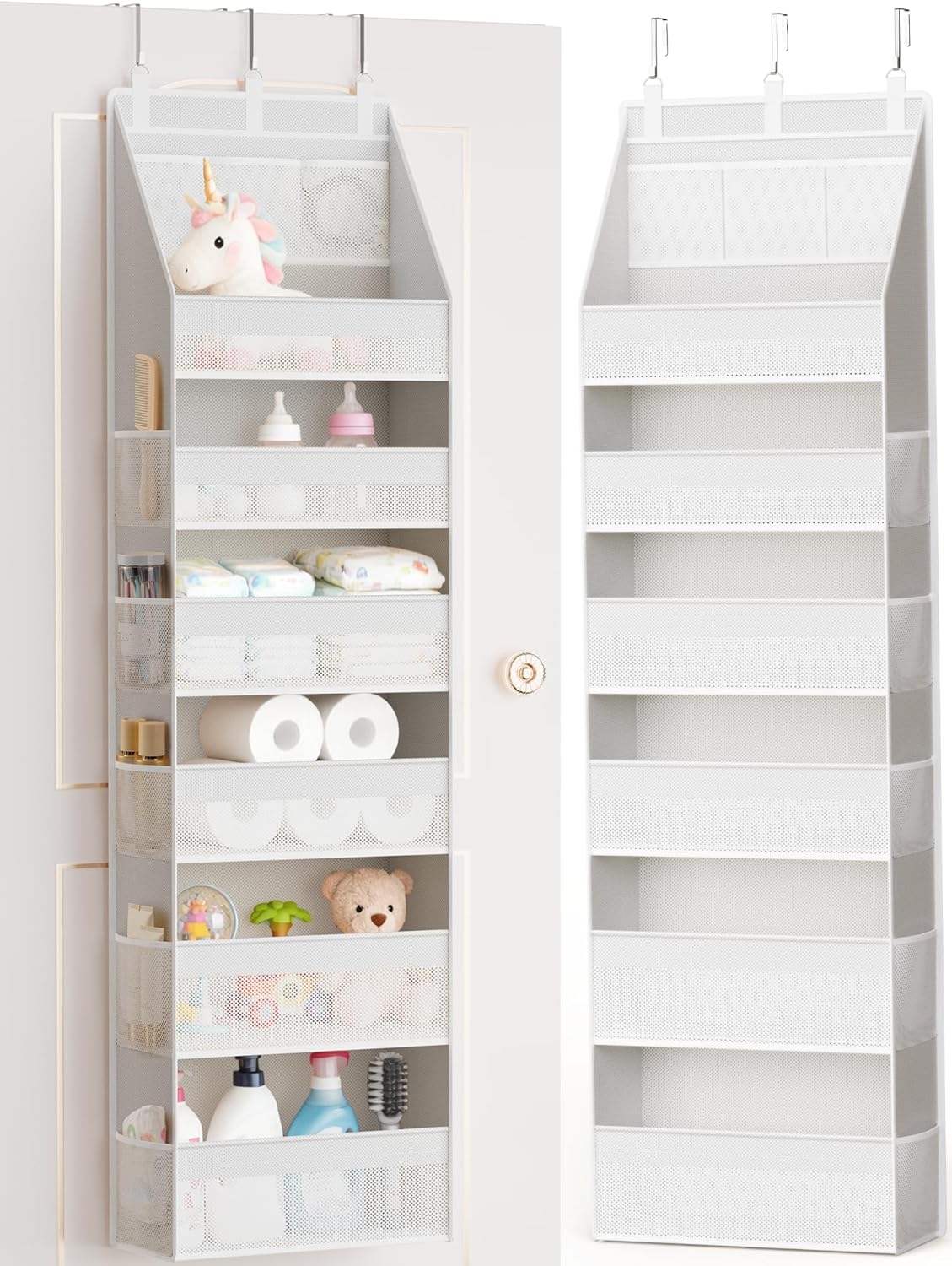 Criusia Over The Door Organizer, Heavy-Duty 6-Shelf Hanging Storage with 13 Mesh Pockets, 55lbs Capacity Behind The Door Storage for Nursery, Bathroom, Bedroom, and Dorm, Grey