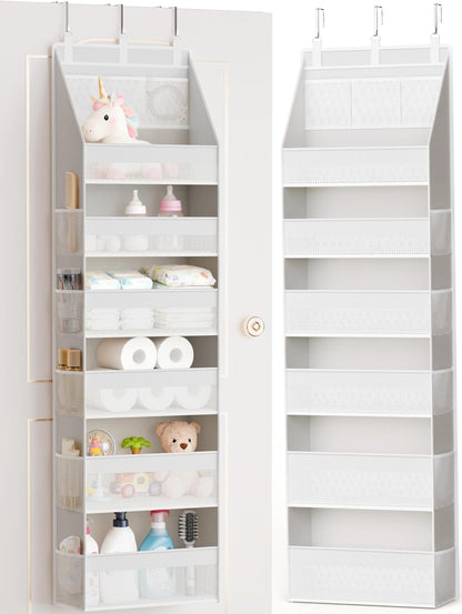 Criusia Over The Door Organizer, Heavy-Duty 6-Shelf Hanging Storage with 13 Mesh Pockets, 55lbs Capacity Behind The Door Storage for Nursery, Bathroom, Bedroom, and Dorm, Grey