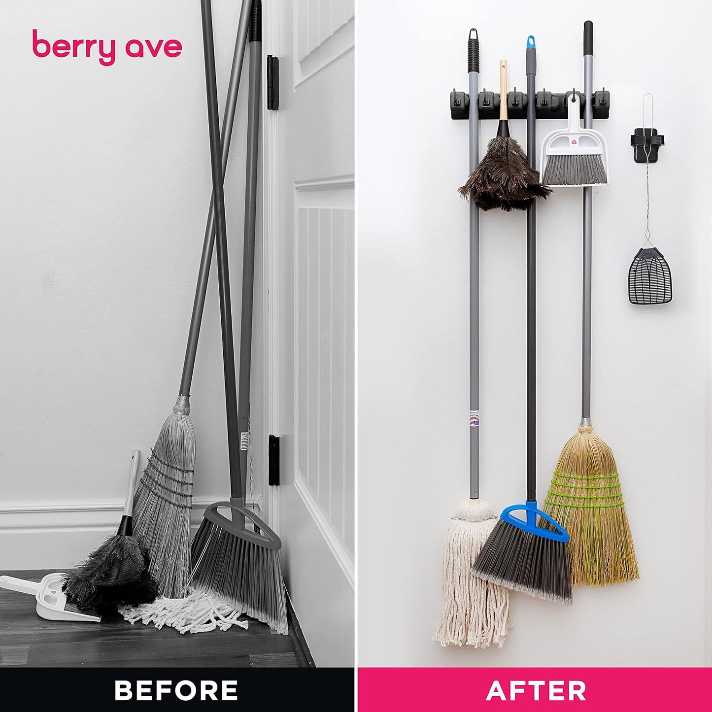 Broom Holder Wall Mount, Mop and Broom Organizer – Wall Mounted Broom Rack & Mop Rack, Rack for Brooms and Mops | Broom Hanger Wall Mount with 5 Slots & 6 Hooks, Kitchen Garage Laundry Garden
