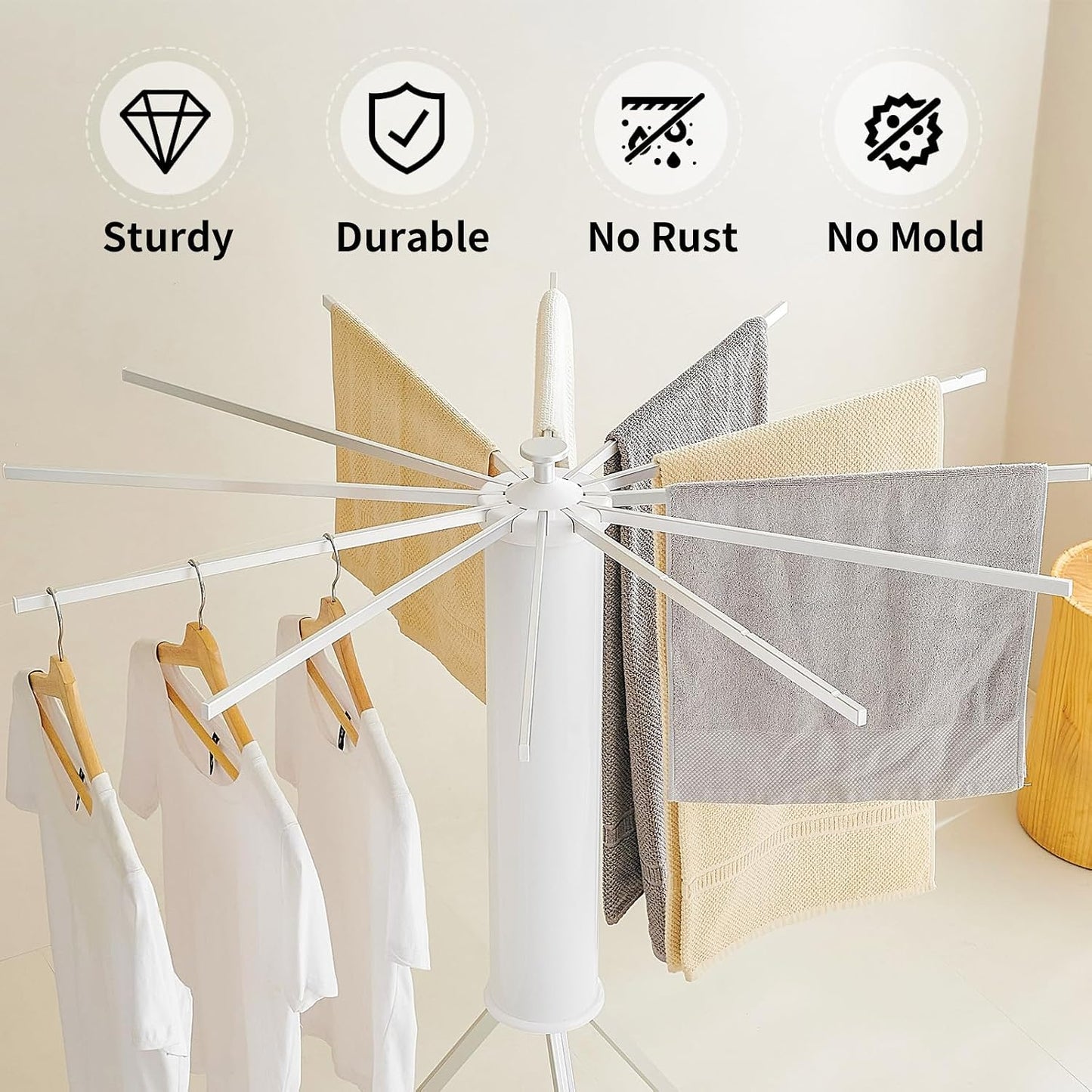 JOOM Tripod Clothes Drying Rack, Garment Rack Portable and Foldable Space Saving Laundry Drying Rack - Drying Rack Clothing Floor Folding Balcony Bedroom Household Wooden