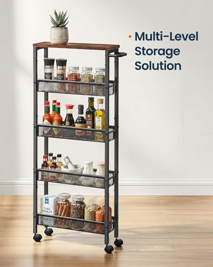 SONGMICS HOME Slim Rolling Cart, 4-Tier Storage Cart with Wheels and Handle, Narrow Utility Cart for Kitchen, Living Room, Brown and Black
