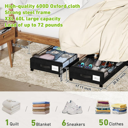 Tututry Under Bed Storage with Wheels, XXL 60L Under the Bed Storage Bins, Underbed Storage Containers with Lids & Label, Rolling Metal Drawer for Shoes, Clothes, Books, Toys (2-Pack Gray)