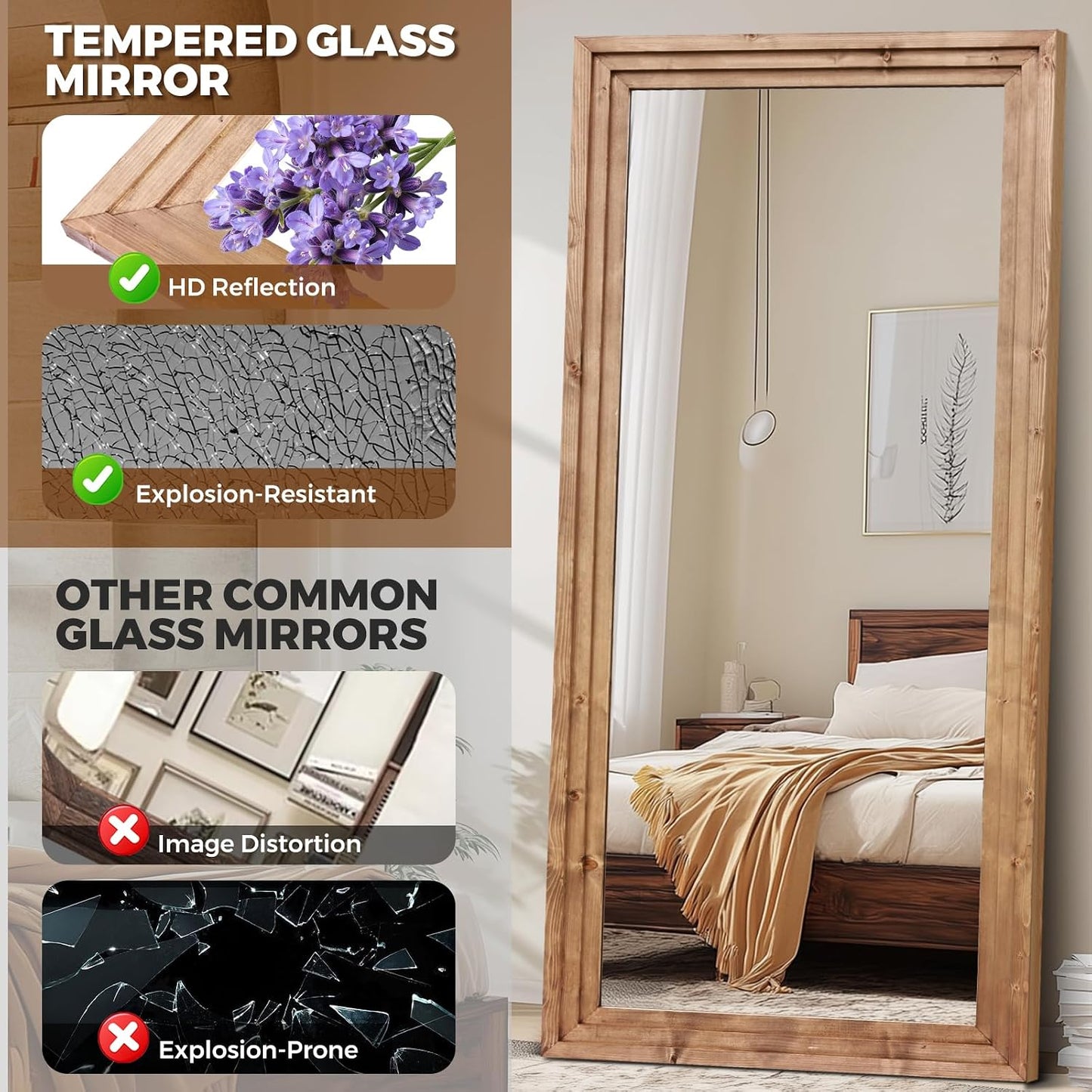 65"x22" Full Length Mirror Solid Wood Frame Floor Mirror with Stand for Living Room, Bedroom Hanging Standing or Leaning, Brown