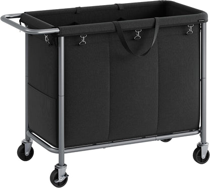 SONGMICS Laundry Basket with Wheels, 3-Section Rolling Laundry Hamper, 52.8 Gallons (200 L), Removable Liner, Steel Frame with Handle, 35.8 x 15.4 x 31.9 Inches, Cream White URLS005W01