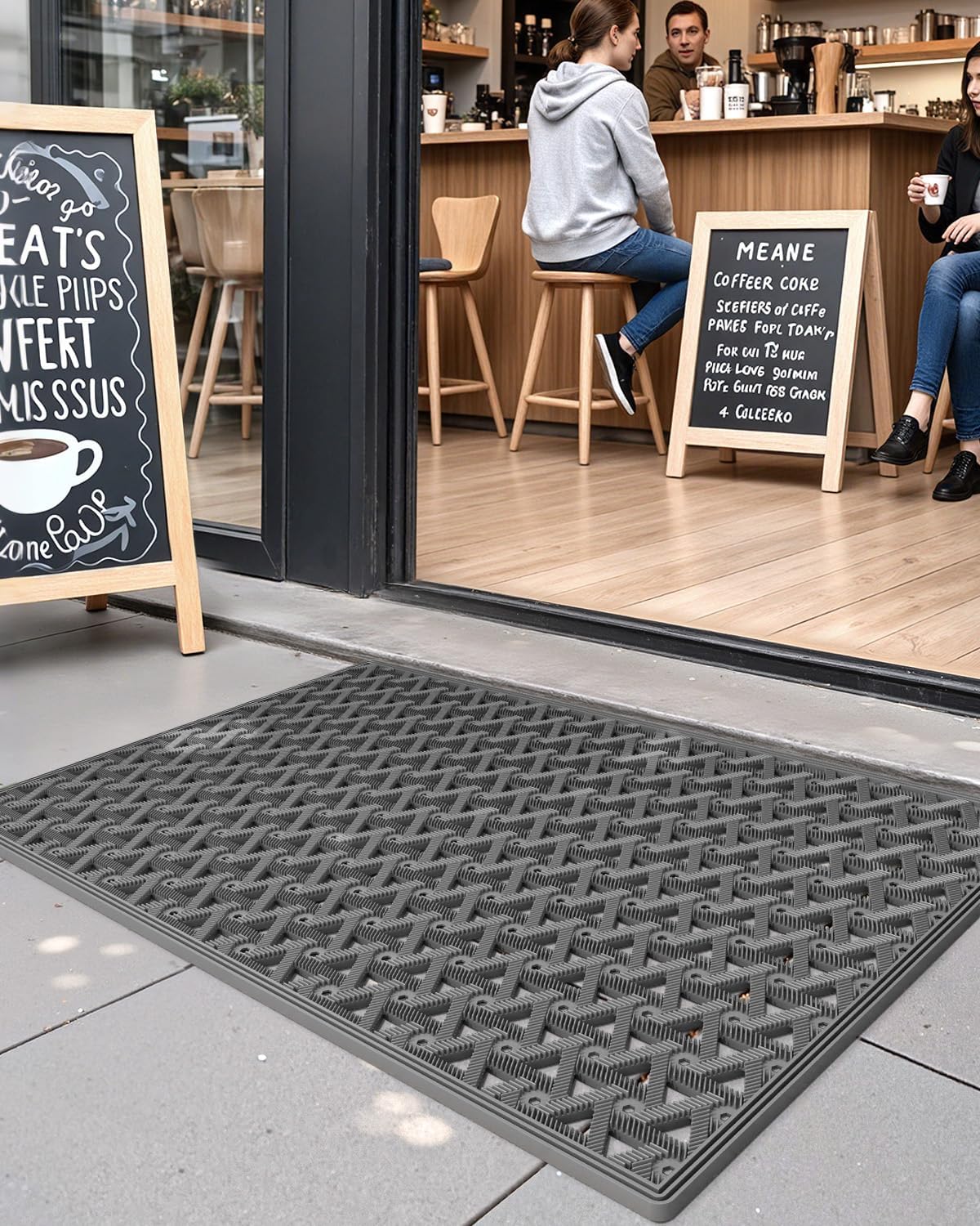 DEXI Front Door Mat Outside Entrance Rubber 19x30, Welcome Floor Doormat Heavy Duty Non Slip, Dirt Trapper Waterproof Exterior Entry Mats All Weather for Patio Entryway Drainage, Black
