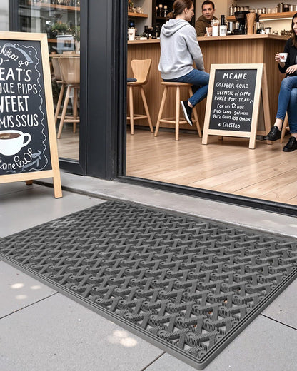 DEXI Front Door Mat Outside Entrance Rubber 19x30, Welcome Floor Doormat Heavy Duty Non Slip, Dirt Trapper Waterproof Exterior Entry Mats All Weather for Patio Entryway Drainage, Black