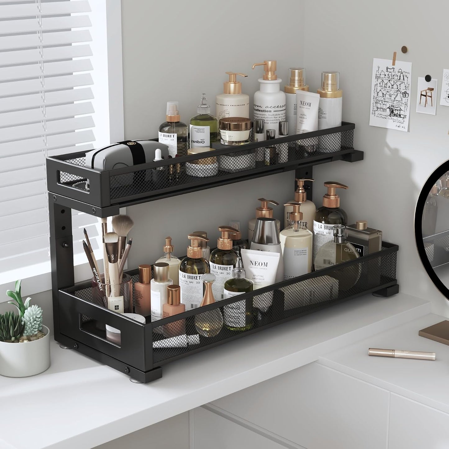 2-Pack Under Sink Storage Organizer, Large 2-Tier Elegant Mesh Pull Out Shelf for Kitchen and Bathroom Cabinet Organization, L-Shaped and Adjustable Height Design,Patent Pending-Black