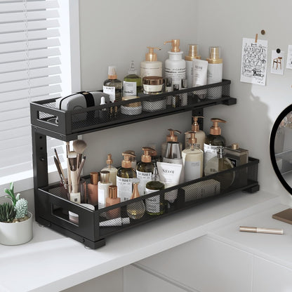 2-Pack Under Sink Storage Organizer, Large 2-Tier Elegant Mesh Pull Out Shelf for Kitchen and Bathroom Cabinet Organization, L-Shaped and Adjustable Height Design,Patent Pending-Black