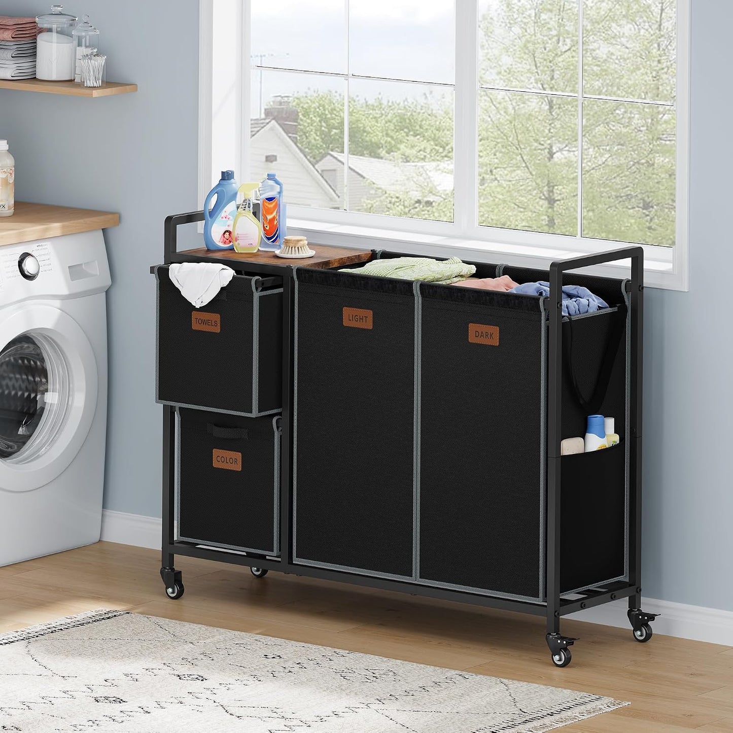 Hoctieon 4 Section Laundry Cart, 48 Gal. (182L) Laundry Hamper with Lid, Laundry Basket with Wheels, Rolling Laundry Sorter Organizer with Shelf, Clothes Separator with Removable Bags, Black