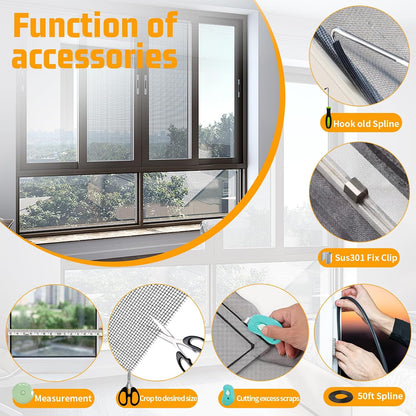 Window Screen Replacement,Screen Door Repair Kit, 48"x178" Black Window Screen Mesh,Including 50 FT Splines+Hooks+2 Rollers+8 Clips+Scissors+Knife+Tape Measure,Fully Equipped Window Screen Repair Kit