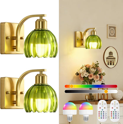 Rechargeable Battery Operated Wall Sconce Set of 2, Wireless Battery Powered Gold Wall Lamps with Green Tulip Glass, Vintage Dimmable Wall Lights with Remote Control for Bedroom Living Room