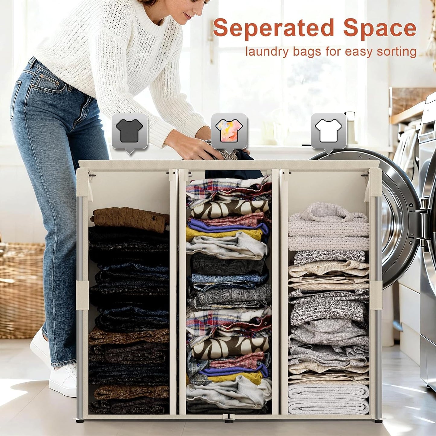 WOWLIVE 180L Laundry Hamper with Lid 3 Section, Large Laundry Basket with Removable Bags, Heavy Duty Metal Frame Dirty Clothes Hampers for Laundry, Laundry Basket Organizer for Laundry Room,Dorm,Black