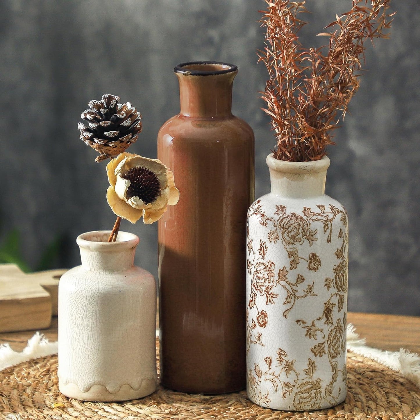 Ceramic Vase Set of 3, Neutral Flower Vases Home Decor, Pottery Rustic Farmhouse Decorative Vases Modern Decor for Table Mantel Entryway Bookshelf Living Room Kitchen Bedroom - Brown