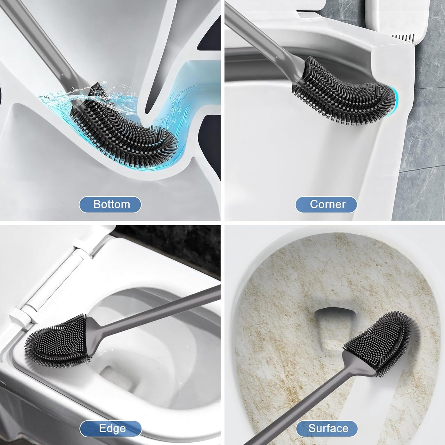Toilet Brush and Holder Set, Black Silicone Toilet Bowl Brush with Flexible Head, Ventilated Base, Wall Mount, Compact Bathroom Scrubber for RV and Home