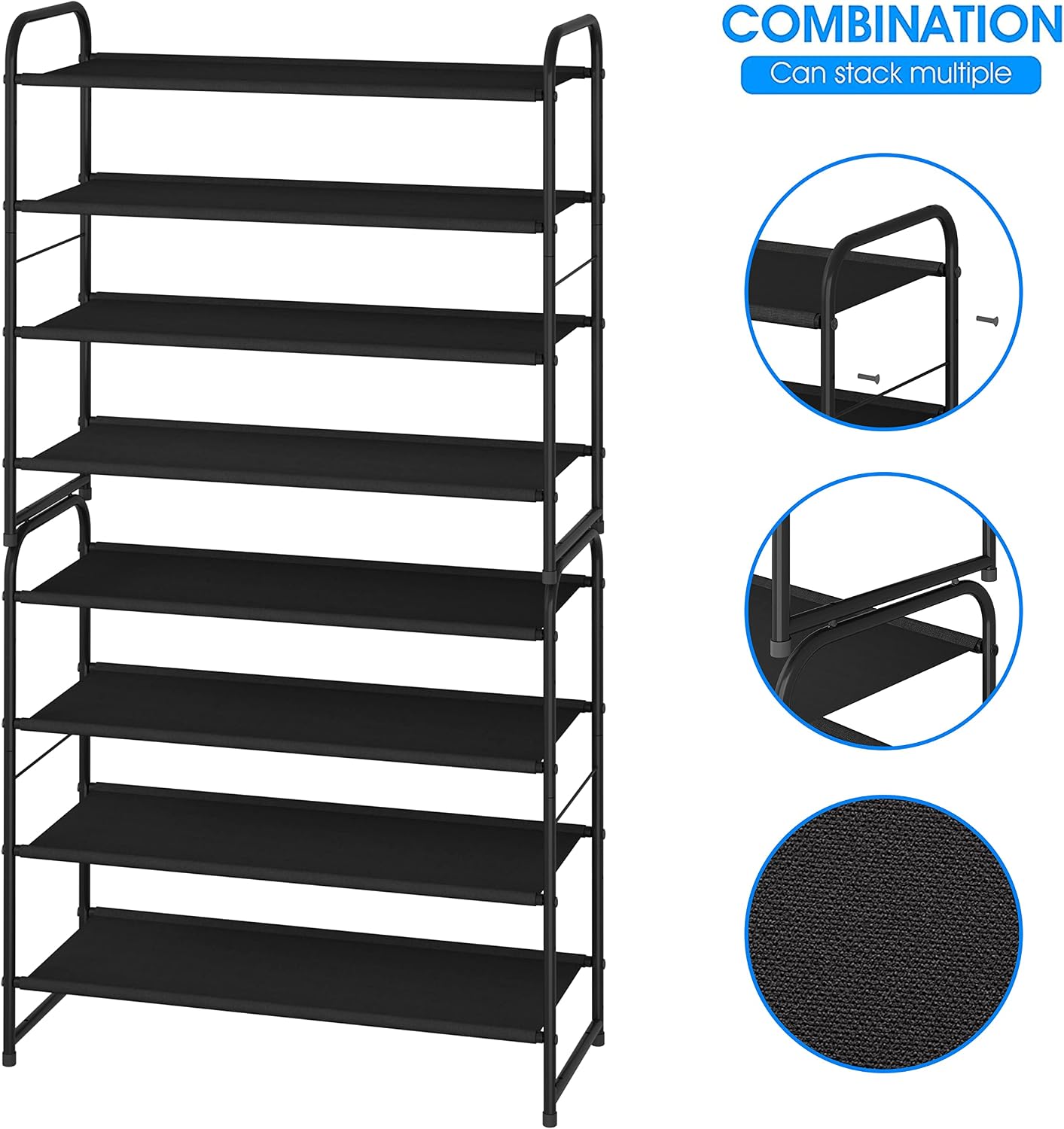 Simple Trending 3-Tier Stackable Shoe Rack, Expandable & Adjustable Shoe Shelf Storage Organizer, Wire Grid, Black