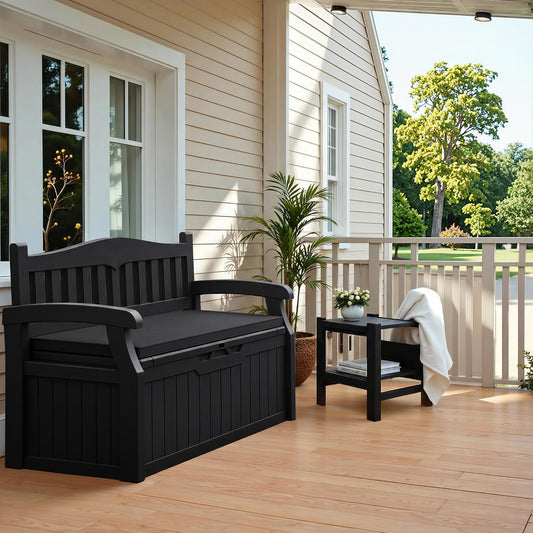 Flamaker 80 Gallon Storage Bench Outdoor Indoor, Durable All-Weather Seating with Hidden Storage, Lockable Deck Box for Garden, Patio, Poolside (Brown)